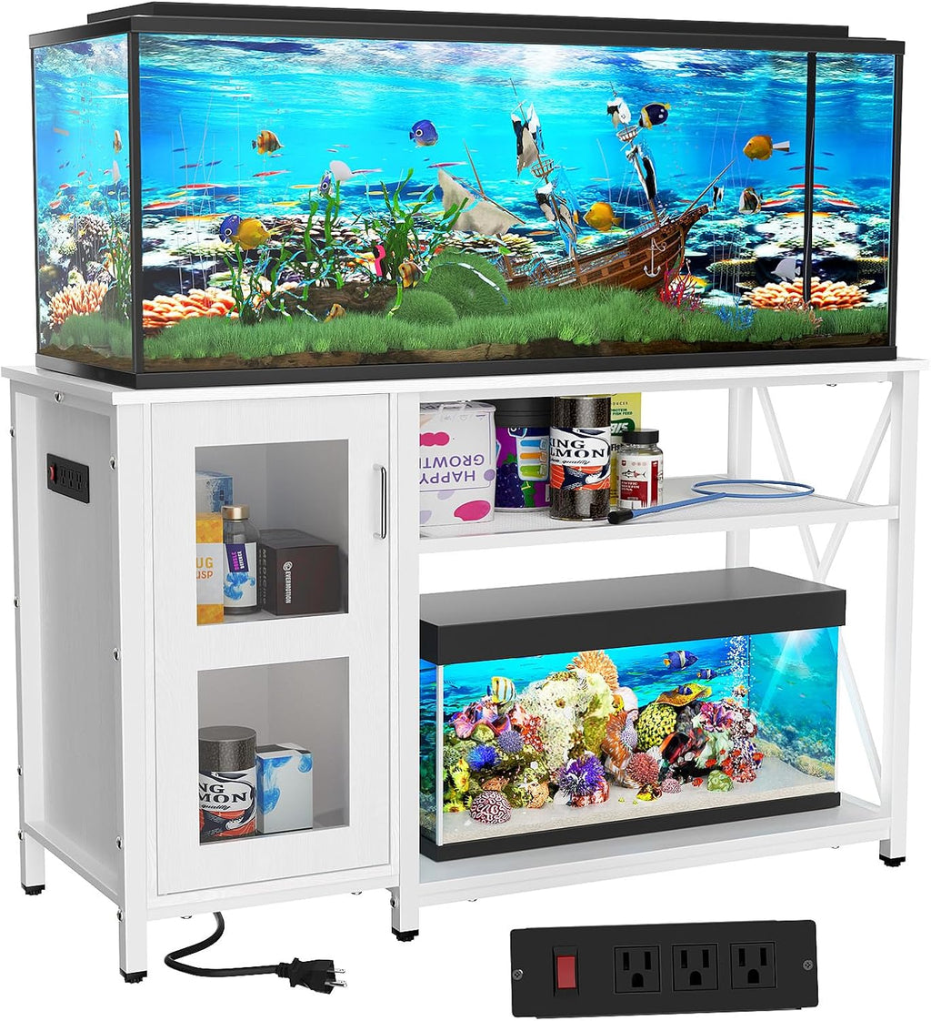 55-75 Gallon Fish Tank Stand with Cabinet, Aquarium Stand for Fish Tank Accessories Storage, Heavy Duty Metal Terrarium Stand, 52" L*19" W Tabletop, 1200LBS Capacity, White