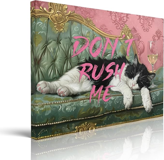 Vintage "Don't Rush Me" Cute Lazy Black and White Cat Picture Wall Decor Framed Retro Funny Animal Canvas Wall Art Prints Poster Painting for Living Room Bathroom Bedroom Home Kitchen (16"x12")