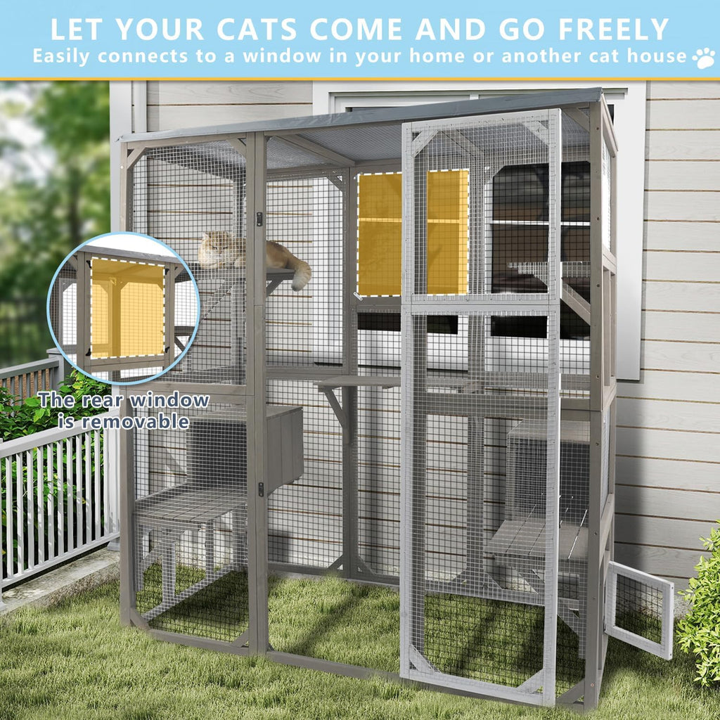 Catio Outdoor Cat Enclosure Large Window Cat House Walk in Kitty Cage with Multi-Level Platforms, Waterproof Roof for Mulitiple Cats (59" L x 29.5" W x 67.7" H)