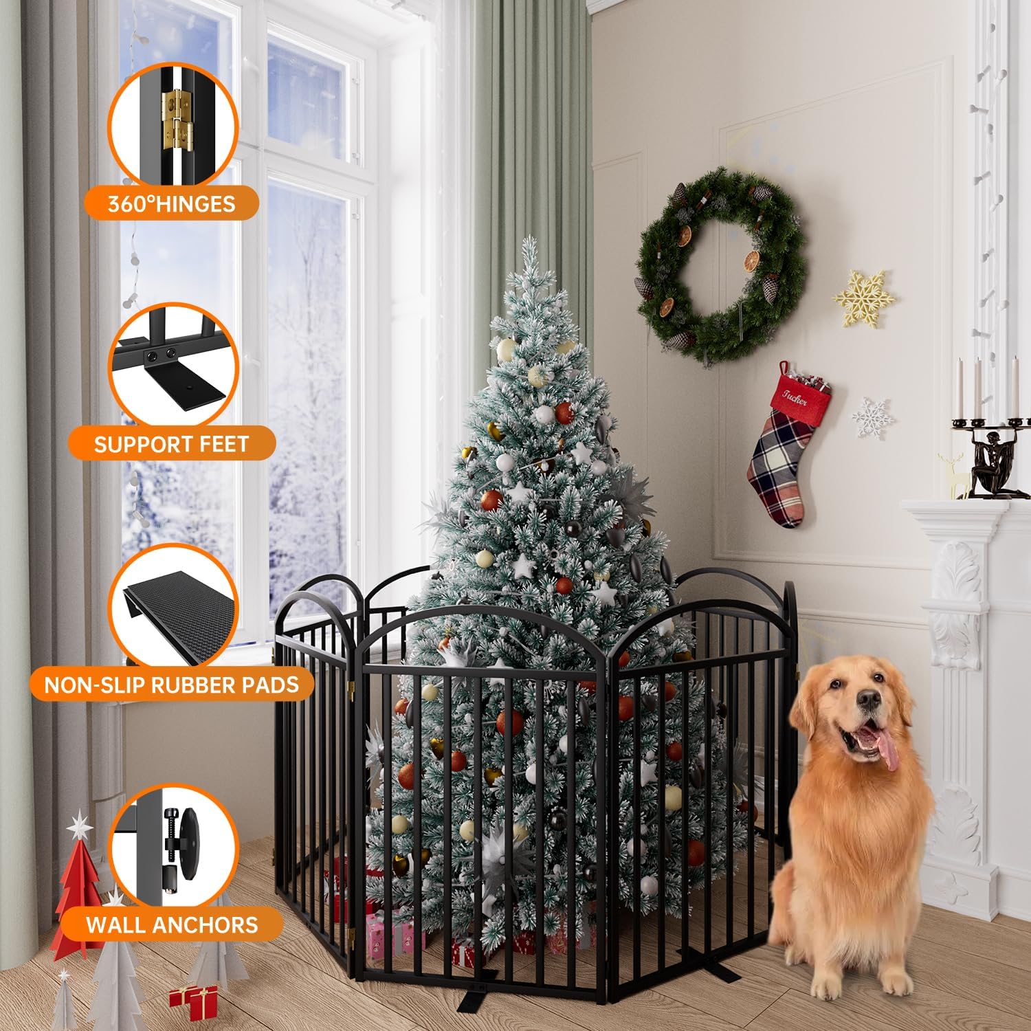 8 Panles Full Matel Freestanding Dog Gates with Door, 192"Extra Wide 32"Tall Free Standing Dog Pet Gate for Indoor & Outdoor. Foldable Pet Fences for Doorways, House, Stairs, Porch, Deck, Yard