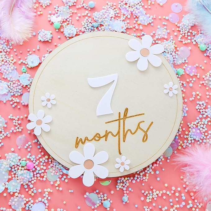 Wooden Baby Monthly Milestone Cards - Daisy Wooden Marker Discs Baby Announcement, Full Moon Party Photo Decoration Props