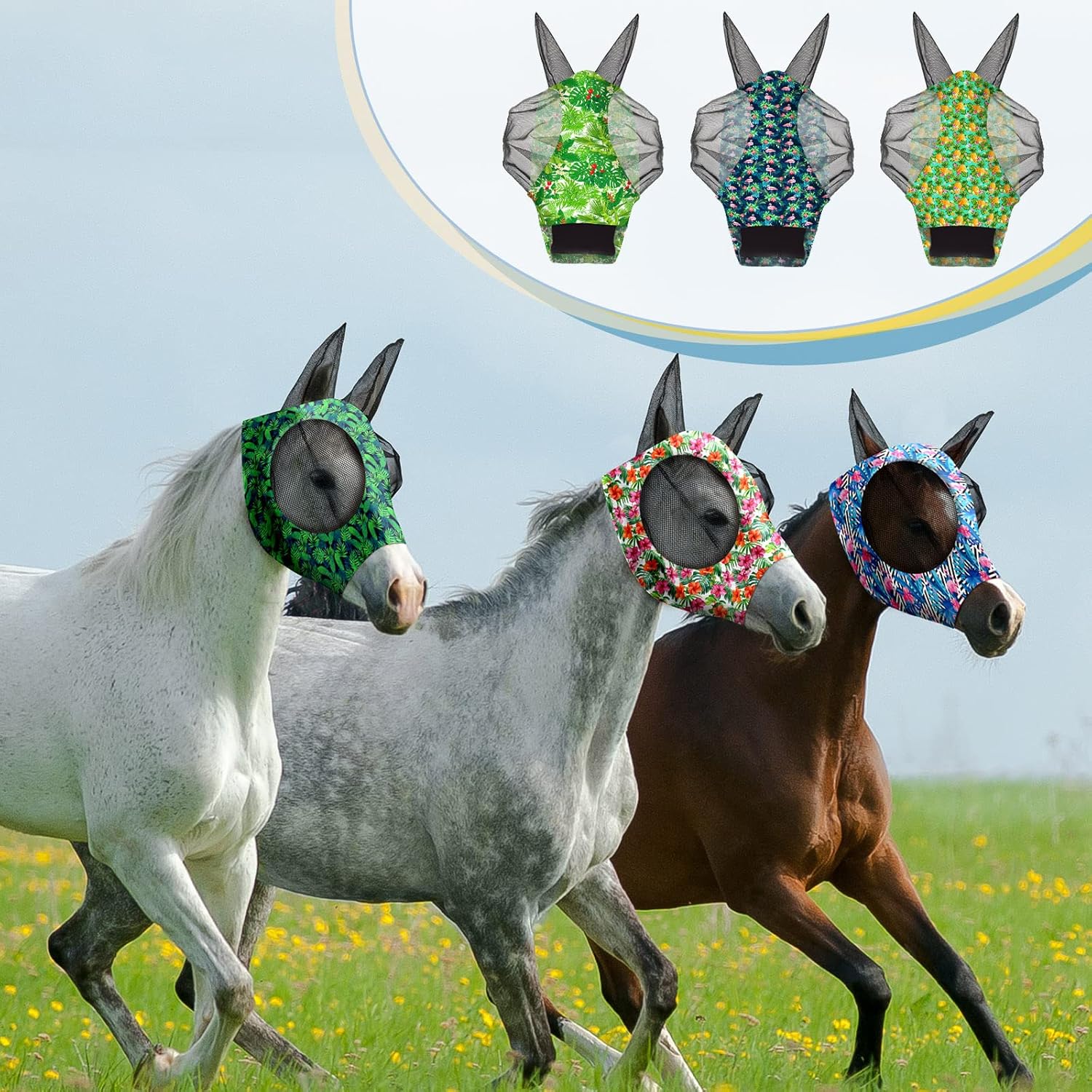Chunful 6 Pcs Horse Fly Masks with Ears Smooth and Comfortable Cashel Mesh Fly Mask Elasticity Breathability UV Protection Horse Face Covering for Riding Supplies(Flamingo,Large)