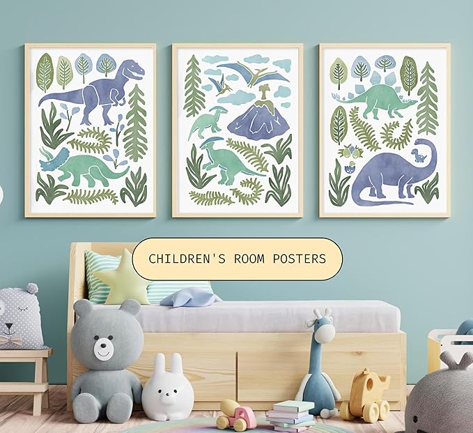 Baby Boys Nursery Wall Art Blue Green Dinosaur Pictures Wall Decor Stegosaurus T-Rex Triceratops Pterodactyl Posters Artwork Watercolor Dino Painting Canvas Prints for Kids Room Toddler Boy Room Decor