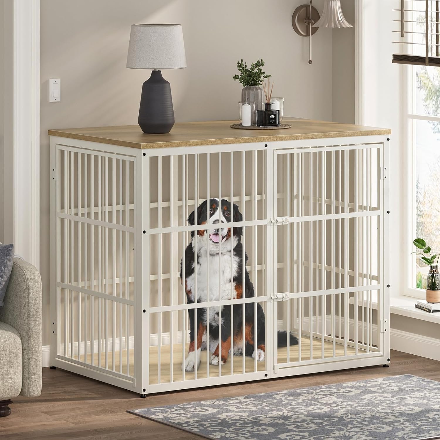 Lyromix 48'' XXL Dog Crate Furniture with 3 Doors,Wooden Crate End Table Heavy Duty Indoor Combination Cage for Medium to Large Dogs, Multiple Units Can be Combined, Natural Beech