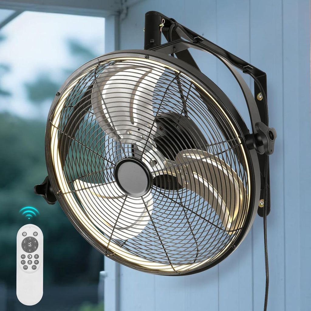 20 inch Wall Mount Fan with Lights and Remote,6-Speed Gazebo Ceiling Fan Adjustable Tilt Dimmable Wall Fan,High Velocity Industrial Outdoor Fans for Patio,Garage,Commercial,Black