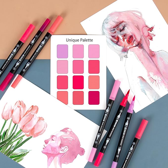 Pink Duo Tip Marker Pens, 12 Pack Fine & Brush Markers for Adult Coloring Books No Bleeding, Blushing Pink Markers for Romantic Illustrations, Floral Designs, Cute Doodling and Lettering