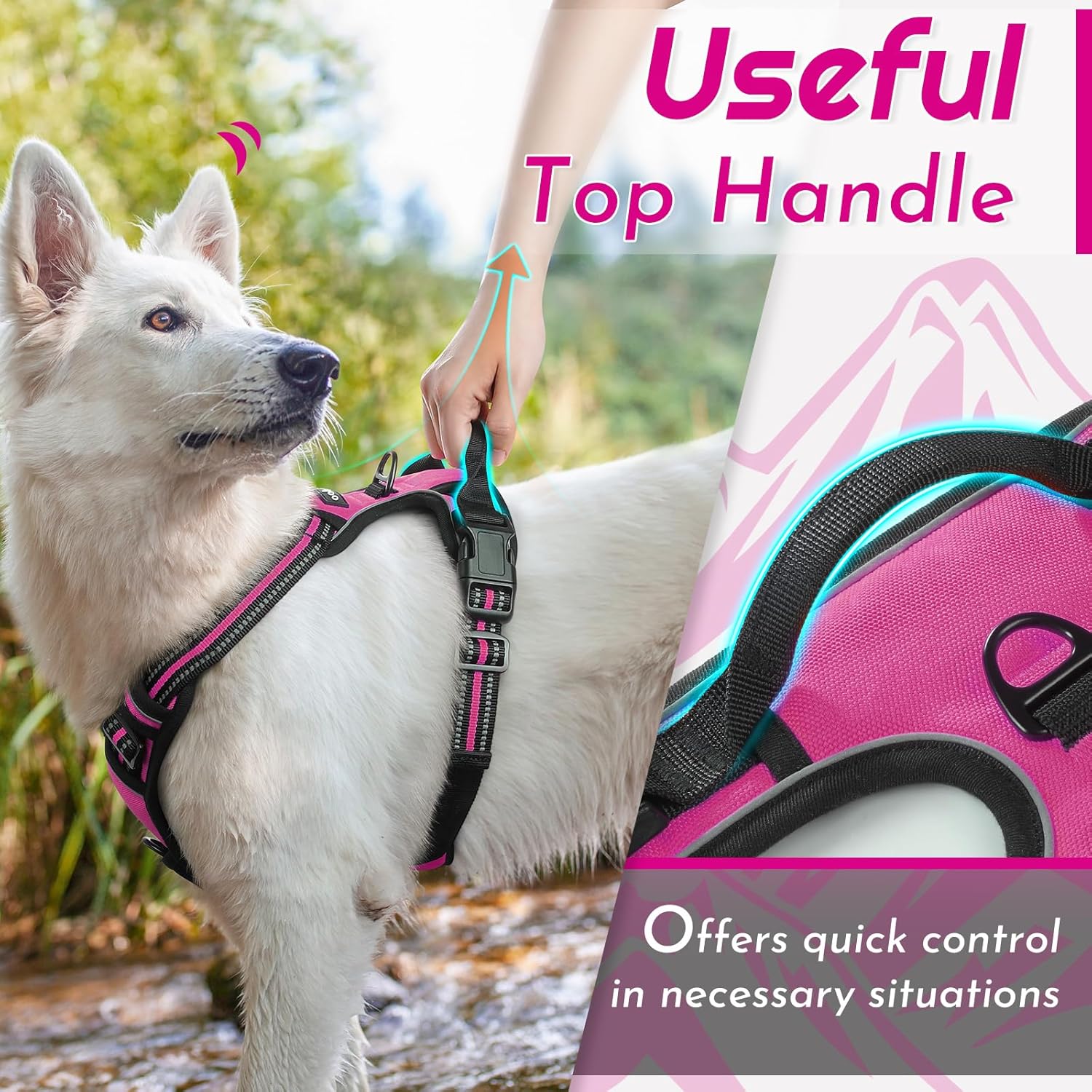 Eagloo Dog Harness for Large Dogs, No Pull Service Vest with Reflective Strips and Control Handle, Adjustable and Comfortable for Easy Walking, No Choke Pet Harness with 2 Metal Rings, Rose Red, L