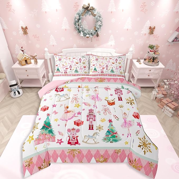 Feelyou Pink Christmas Kids Comforter Set Queen Size Ballet Nutcracker Bedding Set Snowflake Duvet Quilt for Kids Boys Girls Bedroom Decor Microfiber Ultra Soft Breathable