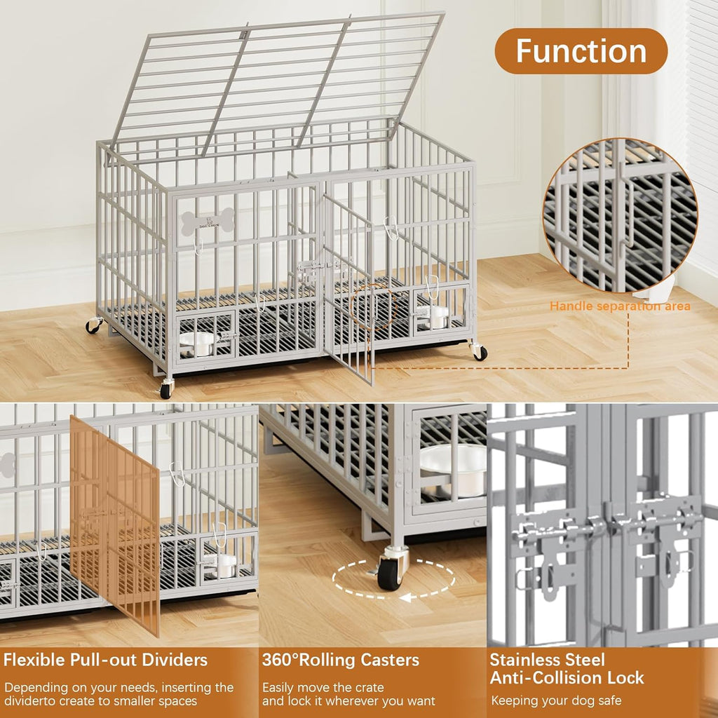 aboxoo 48/42 inch Heavy Duty Metal Dog Crate for 2 Dogs/Large Dog,All Metal Open Top,Dog Kennel Indoor with Wheels,Floor Grid, Tray, Divider and Feeding Bowl (Sliver)