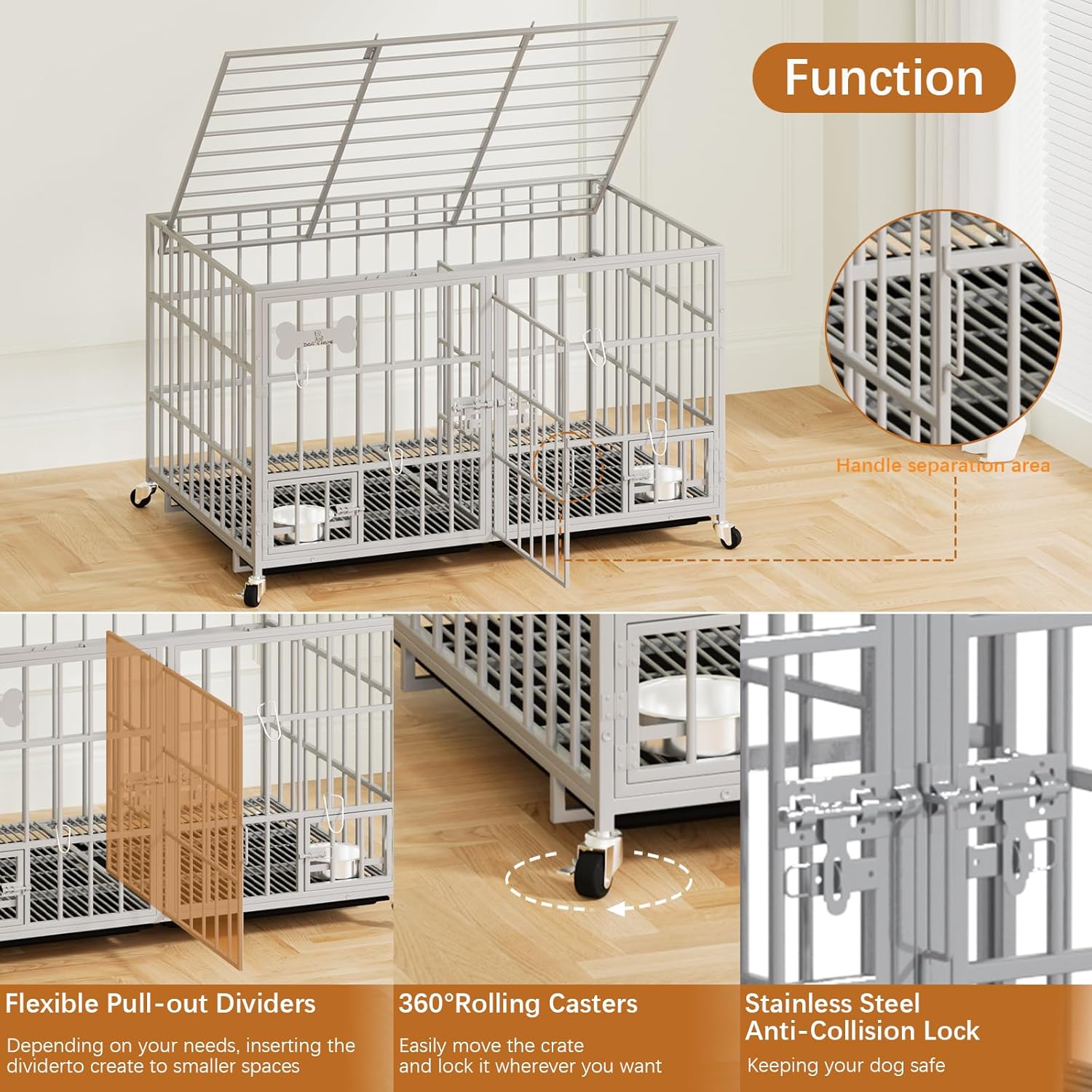 aboxoo 48/42 inch Heavy Duty Metal Dog Crate for 2 Dogs/Large Dog,All Metal Open Top,Dog Kennel Indoor with Wheels,Floor Grid, Tray, Divider and Feeding Bowl (Sliver)