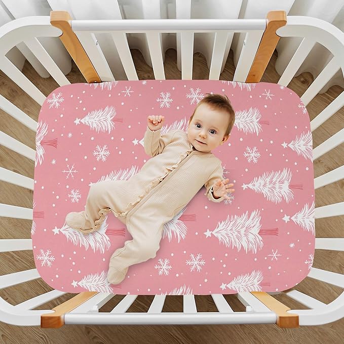 Christmas Pinks Trees Snowflakes Crib Sheets Soft Breathable Fitted Baby Crib Sheets Mattress Cover for Girls Boys, 52" x 28" x 9"