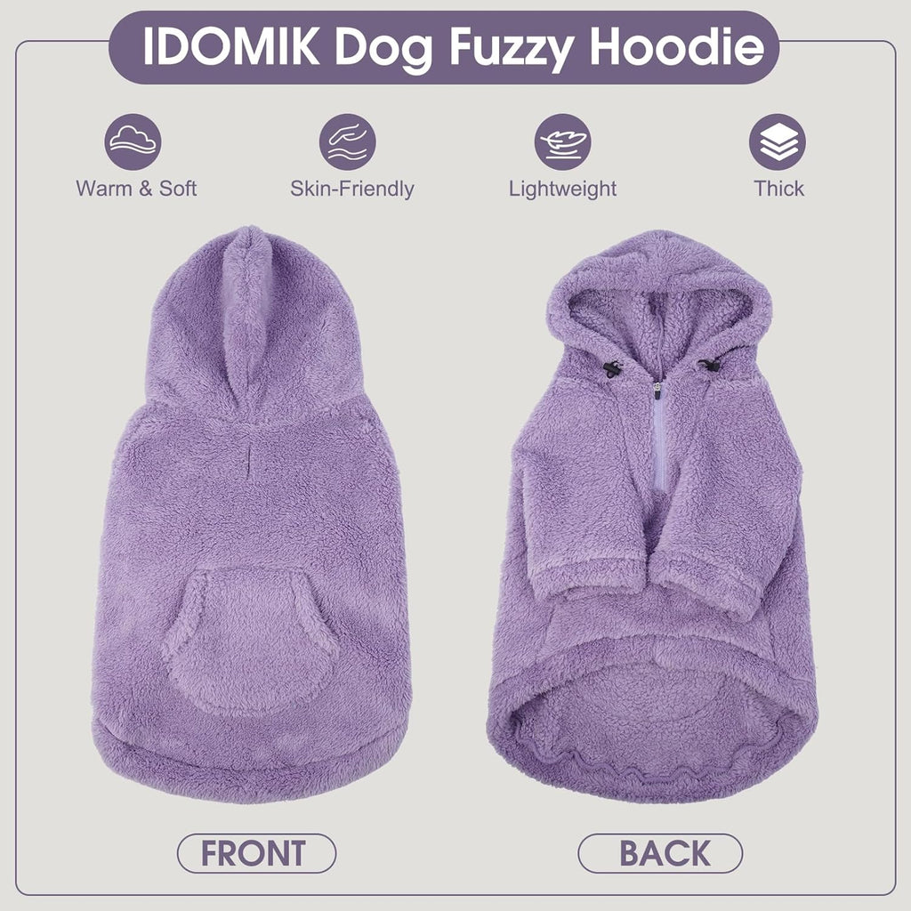 IDOMIK Fuzzy Dog Sweater with Adjustable Hood, Warm Fleece Dog Sweater Hoodie with Harness Hole & Pocket, Pullover Sweaters for Medium Dogs, Fuzzy Hooded Sweatshirt for Fall Winter Christmas,Purple,M