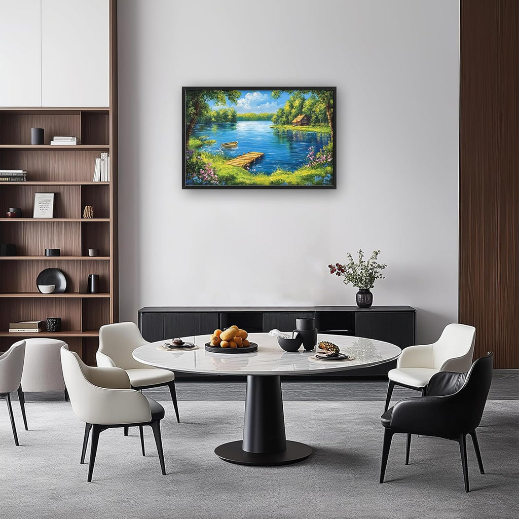 Large Lake Cabin Wall Art for Living Room, Framed Oversized Tree Boat Wildflowers Wall Decor Nature Landscape Canvas Painting Modern Artwork for Bathroom Bedroom Office Dining Room 36"x24"