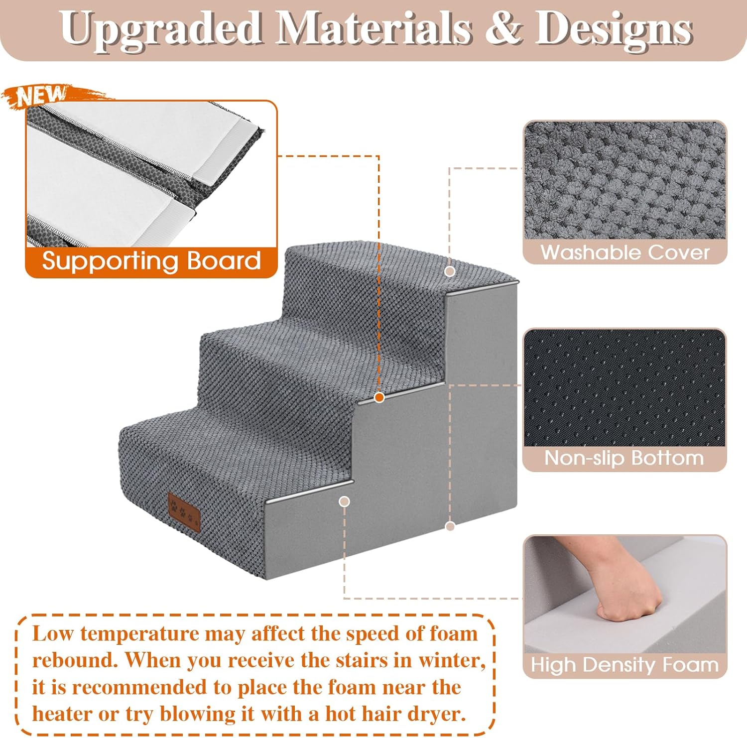 GGIB Dog Stairs for Small Dogs Cats Non-Slip Dog Steps for High Bed Pet Stairs for Sofa Couch Pet Ramp Pet Steps with Removable Washable Cover, Grey, 13" H, 3-Step