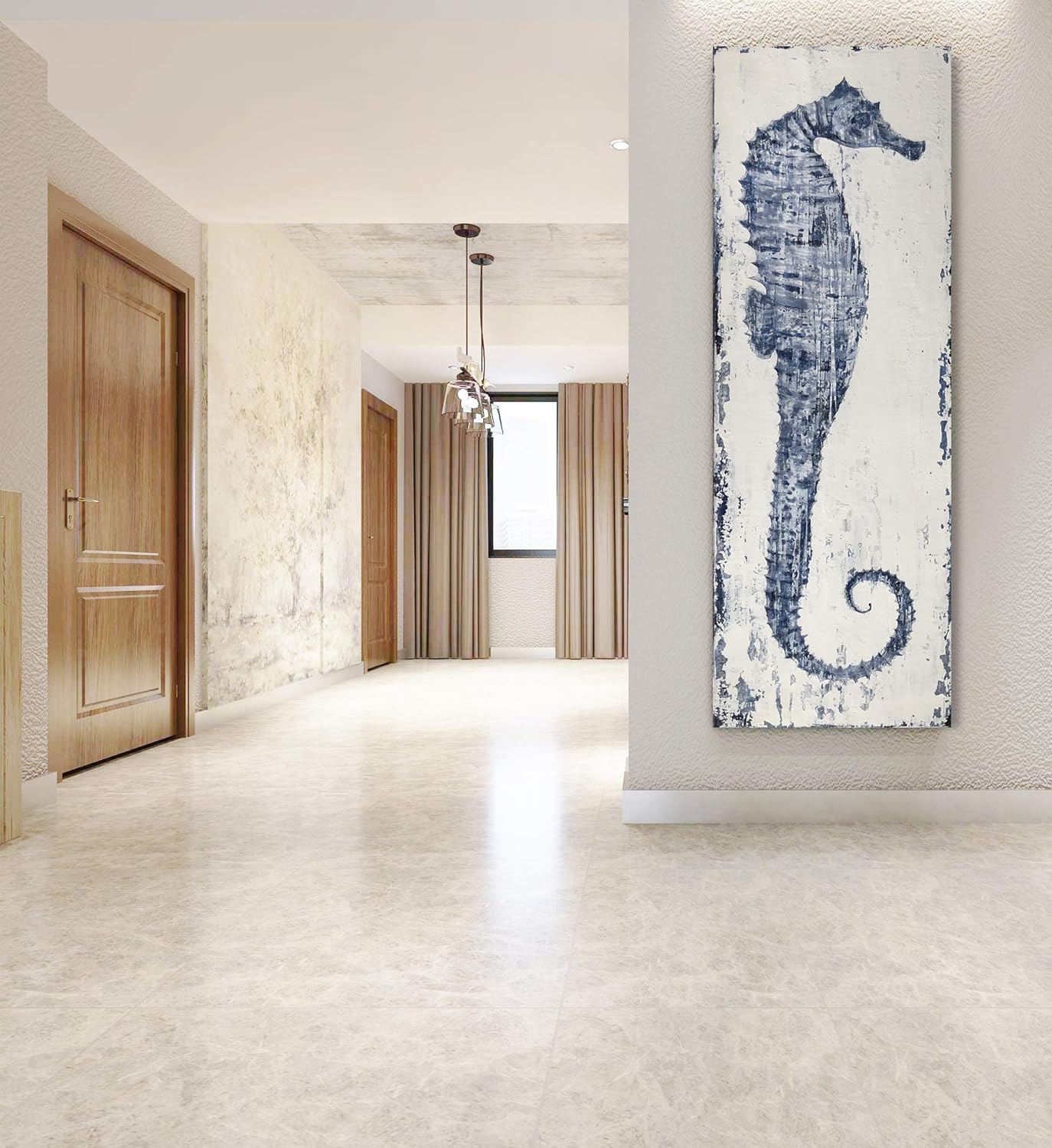 Yihui Arts Ocean Life Theme Bathroom Decor Mediterranean Style Home Canvas Wall Art Watercolor Painting Beach Marine Sea Animal Seahorse Print Framed Stretched Pictures