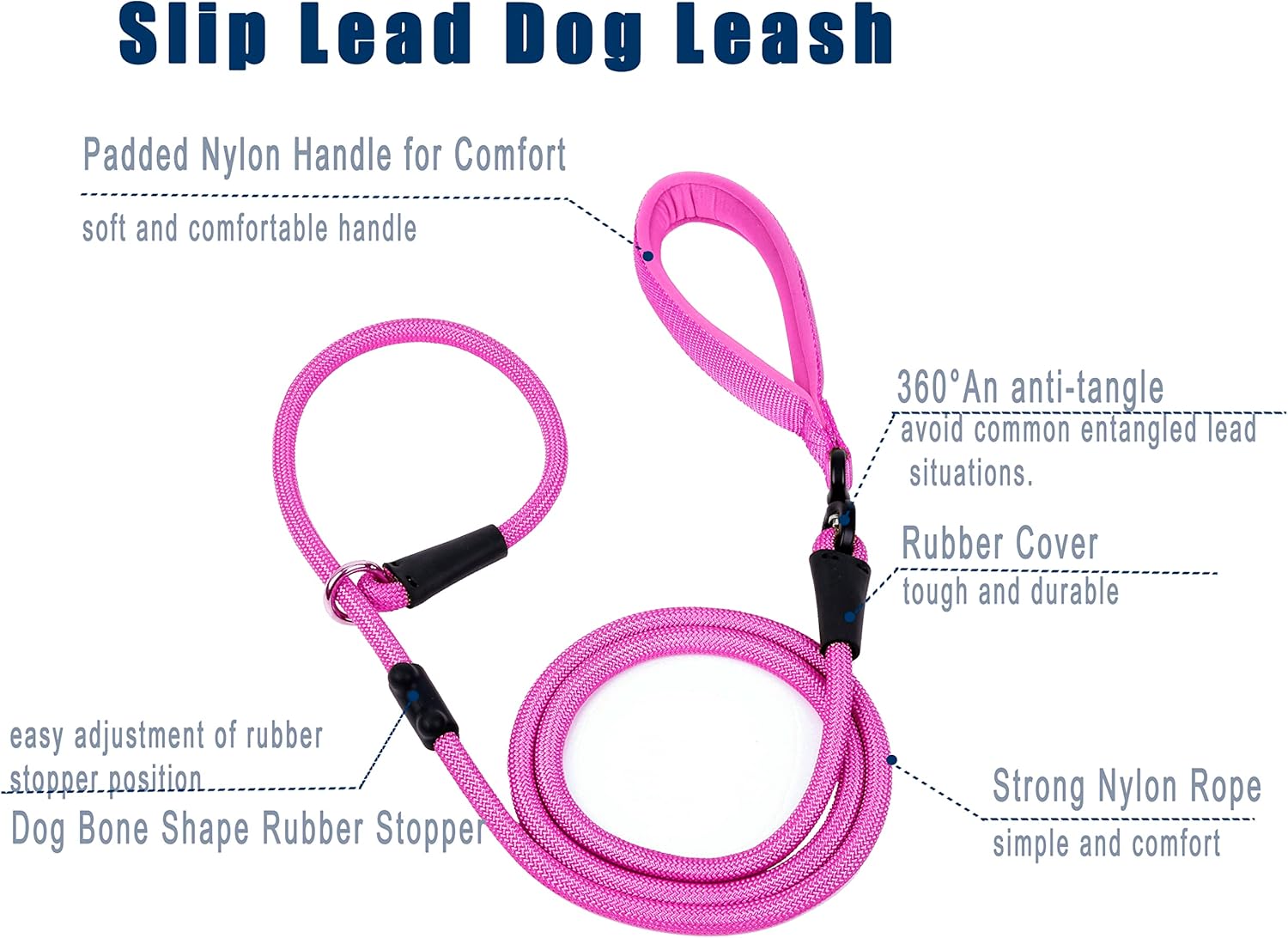Slip Lead Dog Leash，Strong Nylon Rope Leash and Padded Handle,No Pull Outdoor Walking Training Lead for Small Medium Large Dogs(Fuchsia, 1/2"×6ft)