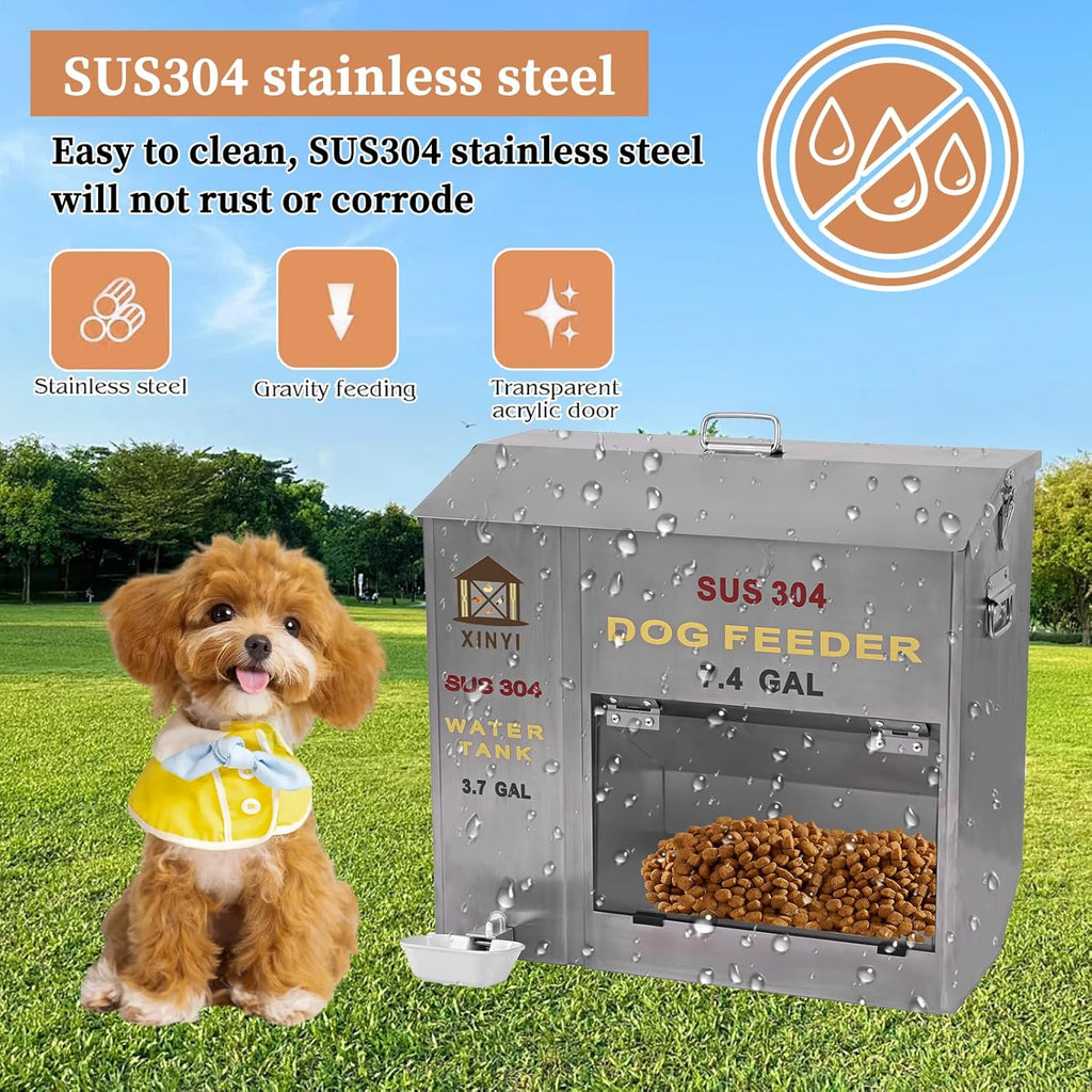XINYI Automatic Dog Feeder and Waterer 2-in-1,SU304 Stainless Steels 3.7 Gallon Water Tank with 1 Aluminum Alloy Water Cup, 7.4 Gallon Dog Food Dispenser,Automatic Feeder for Pets, Breed, Cat