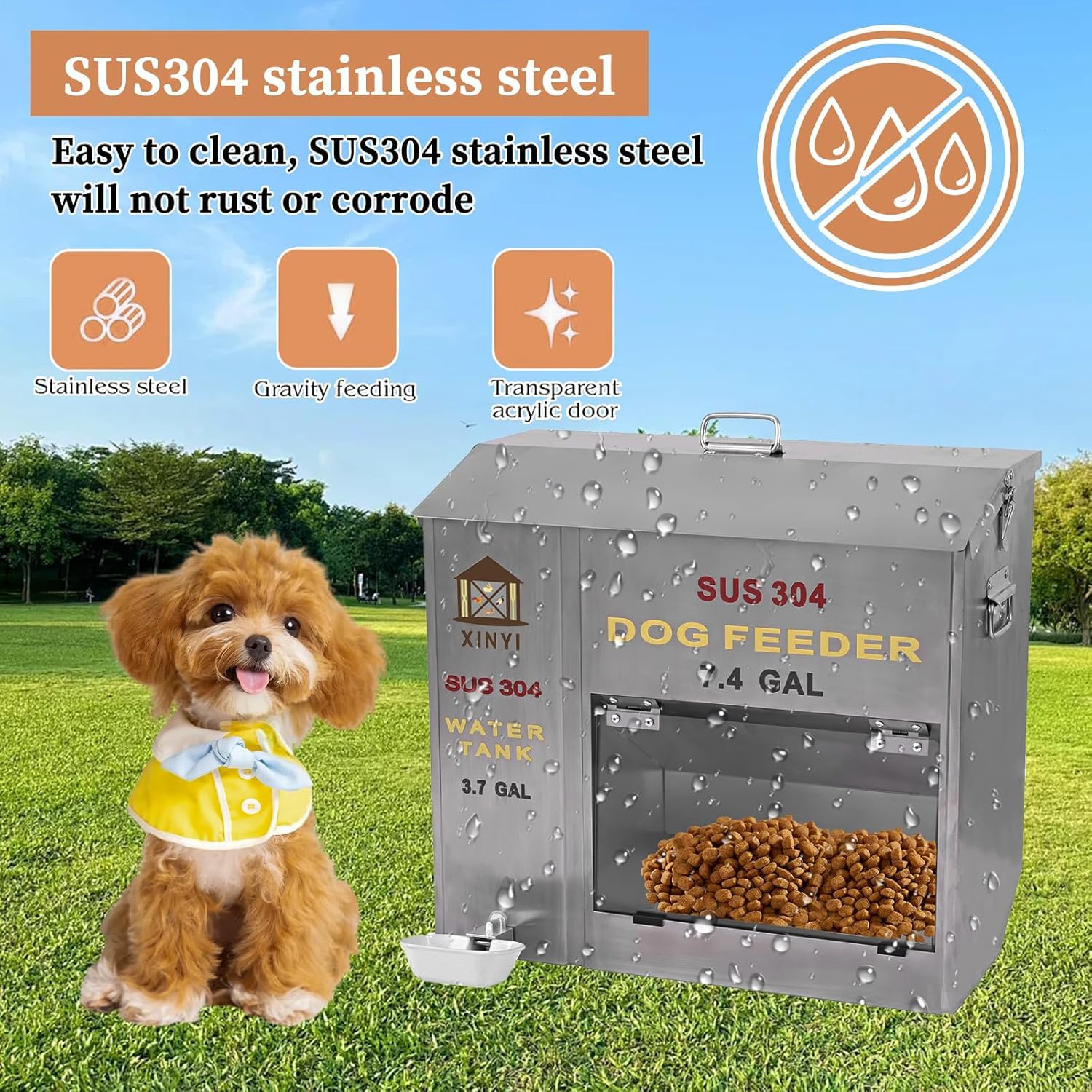 XINYI Automatic Dog Feeder and Waterer 2-in-1,SU304 Stainless Steels 3.7 Gallon Water Tank with 1 Aluminum Alloy Water Cup, 7.4 Gallon Dog Food Dispenser,Automatic Feeder for Pets, Breed, Cat