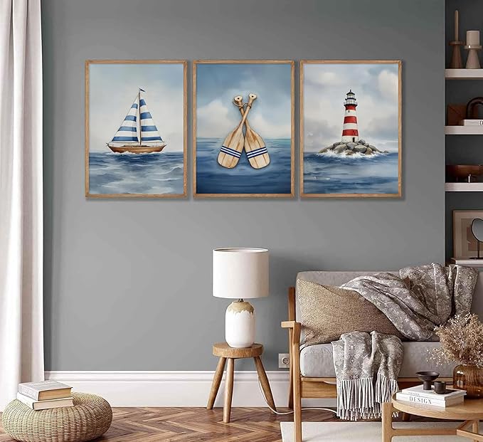 SEINEMBSC Blue Nautical Nursery Wall Art Vintage Sailboat Lighthouse Pictures Wall Decor Boy Coastal Posters Navy Sea Ocean Canvas Print Artwork for Kids Boys Room Playroom Bedroom Decor, Unframed