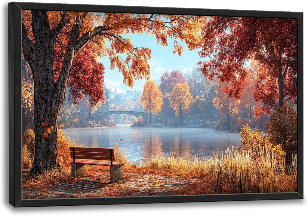 Large Autumn Tree Wall Art for Living Room, Framed Oversized Lake Landscape Wall Decor Nature Canvas Painting Modern Artwork for Living Room Bathroom Bedroom Office Dining Room 36"x24"