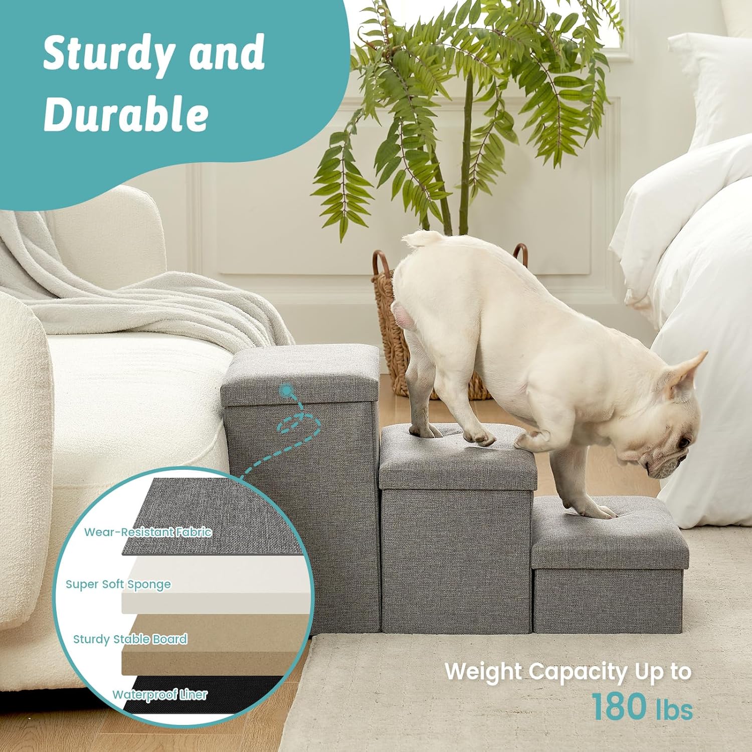 Dog Stairs with Storage, 3-Step Wider Sturdy Dog Steps for Small/Medium/Large Dogs and Older Cats, Folding Doggie Ramp for Bed/Couch/Car Hold Up to 180 lbs (16.7" H, Grey)