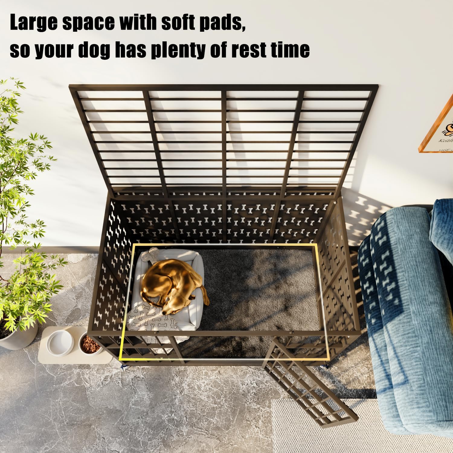 LEMBERI 48/42 inch Indestructible Heavy Duty Dog Crate, High Anxiety Extra Large Dog Cage for Large Dogs, XL Steel Escape Proof Dog Kennel with Cushion and Wheels (Black, 42.5''L*29.9''W*34.46''H)