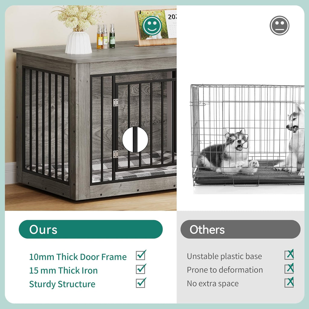 YITAHOME 76 Inch Double Dog Crate Furniture, XXL Dog Crate Furniture for 2 Dogs, Side End Table, Waterproof Top, Safety Corners, 2-in-1 Iron-Wood Fusion Dog Kennel Furniture for 2 Large Dogs,Greige