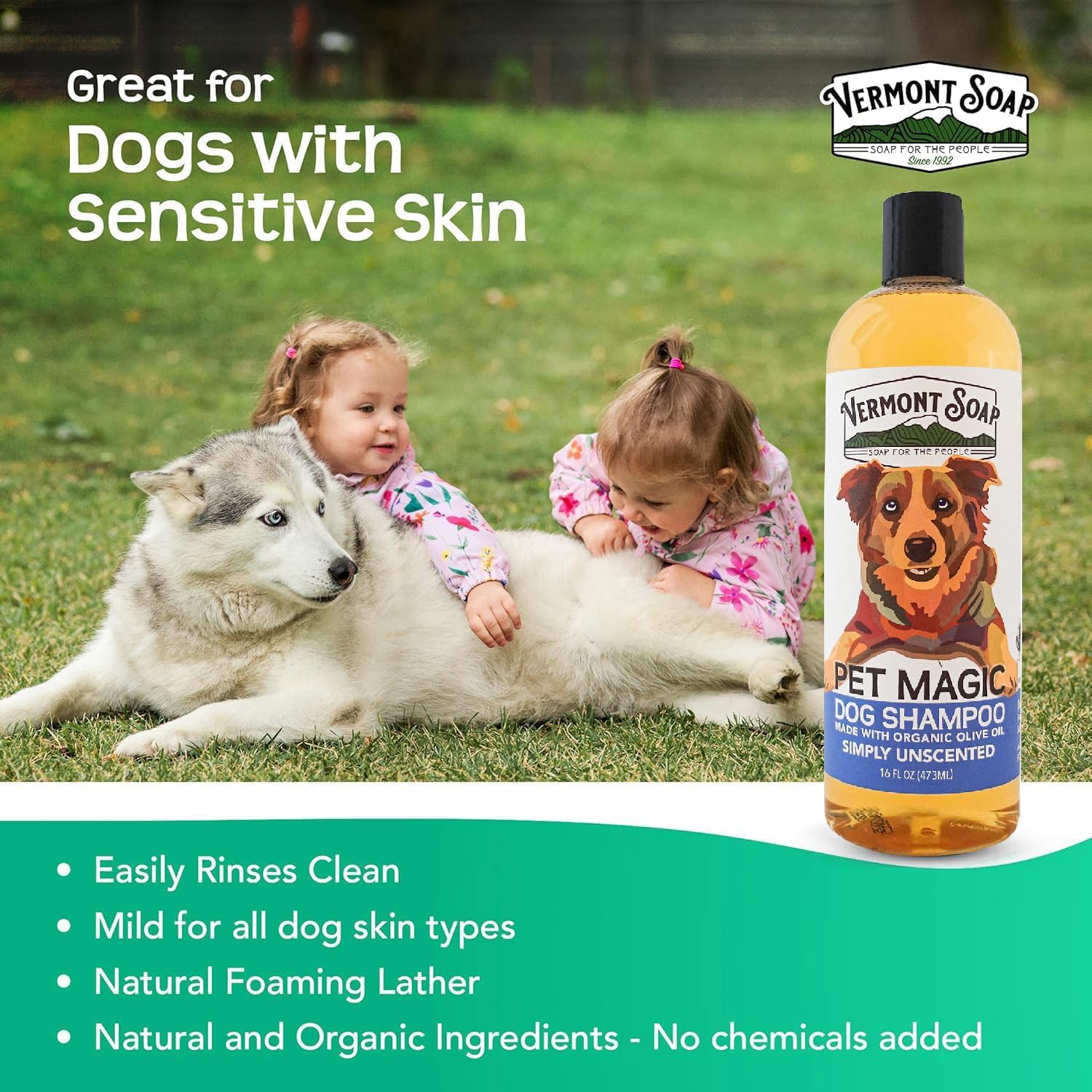 VERMONT SOAP Organics Pet Shampoo - Infused with Organic & Natural Olive Oil, Coconut & Aloe Vera Dog Shampoo for Sensitive Skin - USDA Certified Grooming Pet Shampoo - Unscented (16oz)