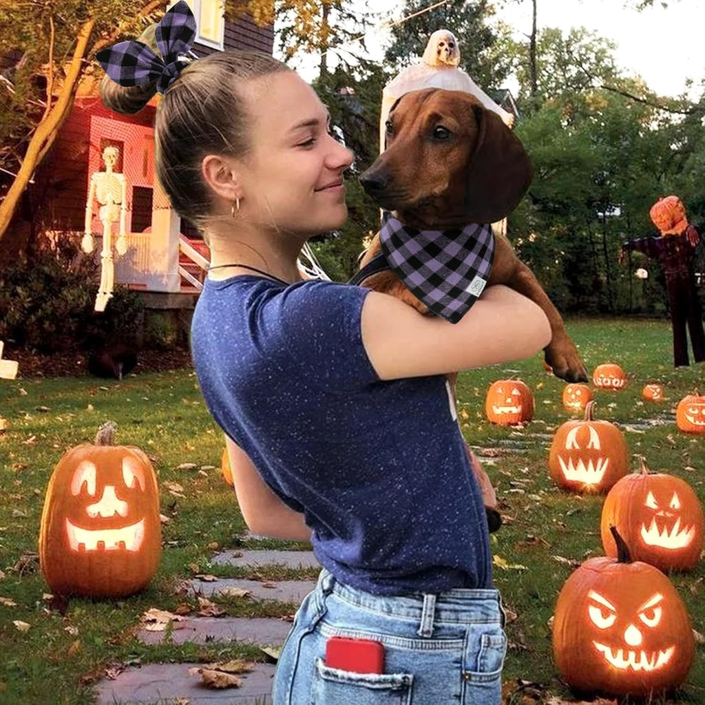 E-Clover Halloween Dog Bandanas & Matching Scrunchie-Plaid Dog Bandana Girl Boy Pet Scarf Kerchief for Medium Large Dogs Puppy Owner Mom Gifts Purple