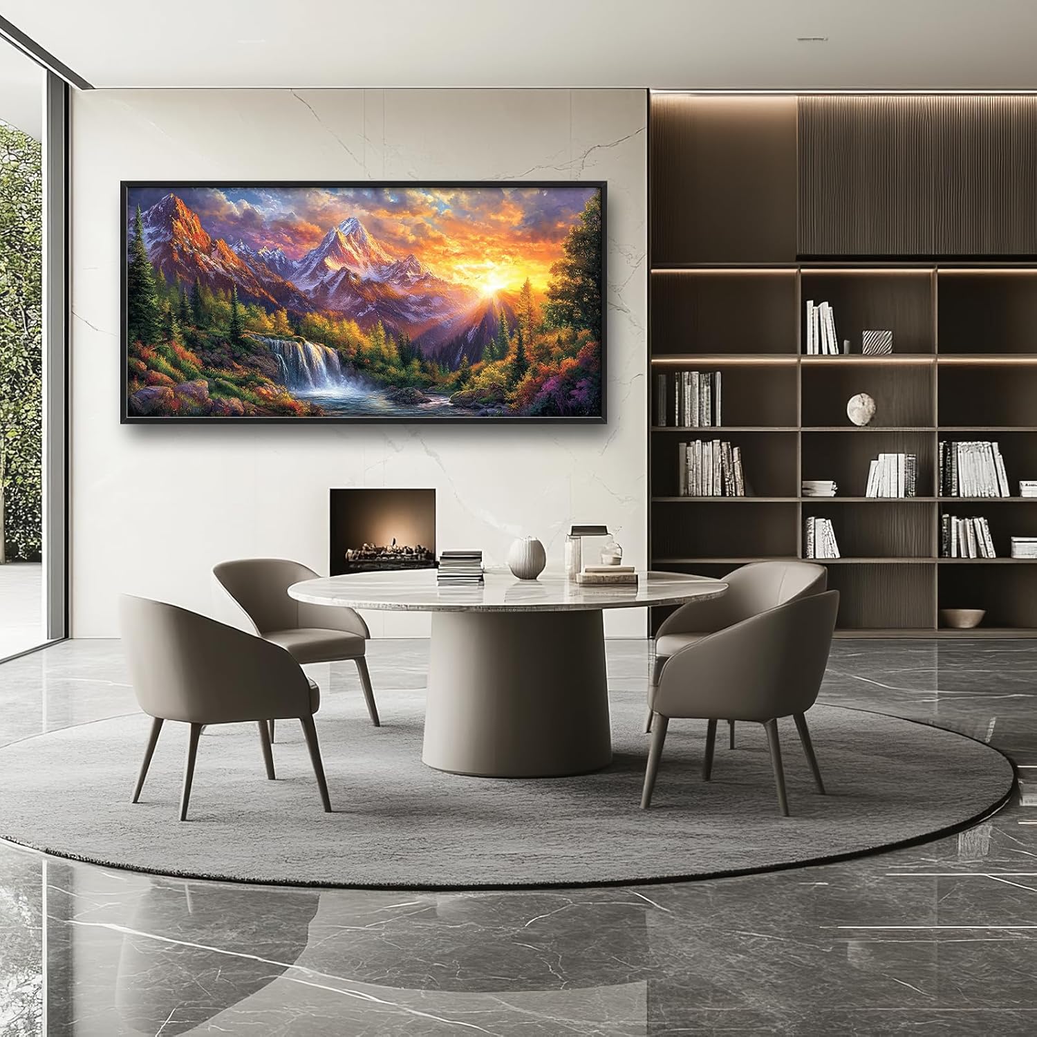 Large Mountain Tree Wall Art for Living Room, Framed Oversized Sunset Waterfall Wall Decor Nature Landscape Canvas Painting Modern Artwork for Living Room Bathroom Bedroom Office Dining Room 60"x30"