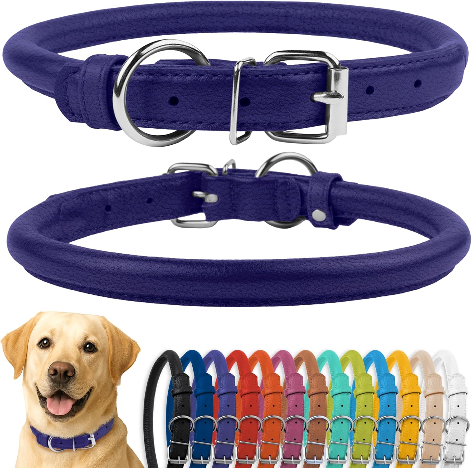 CollarDirect Rolled Leather Dog Collar, Soft Padded Round Puppy Collar, Handmade Genuine Leather Collar Dog Small Large Cat Collars 13 Colors (15-19 Inch, Purple Textured)