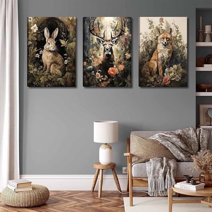 3pcs Vintage Forest Animal Canvas Wall Art Wild Animal Deer Rabbit Fox Paintings Pictures Dark Academia Wall Decor Gothic Botanical Posters Print Artwork for Living Room Office Decor 16x24in