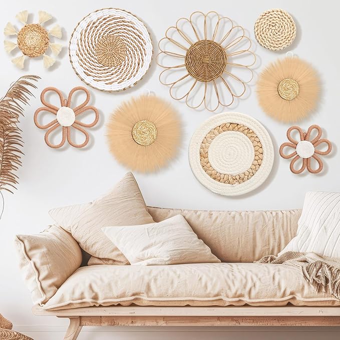 Chunful 9 Pcs Boho Nursery Wall Decor Daisy Flower Woven Macrame Seagrass Rattan Basket Wall Hanging Bohemian Decorations Gifts for Home Dorm Art Farmhouse Bedrooms Living Room (Boho)