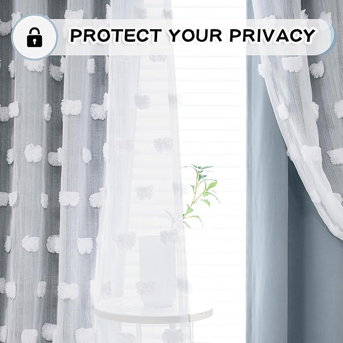 MYSKY HOME Dusty Blue Curtains for Bedroom & Kids Room - 54 Inch Long, Double Layer, White Pom Pom, Sheer, Grommet, Darkening, Small Window, 2 Panels, 52 x 54 in