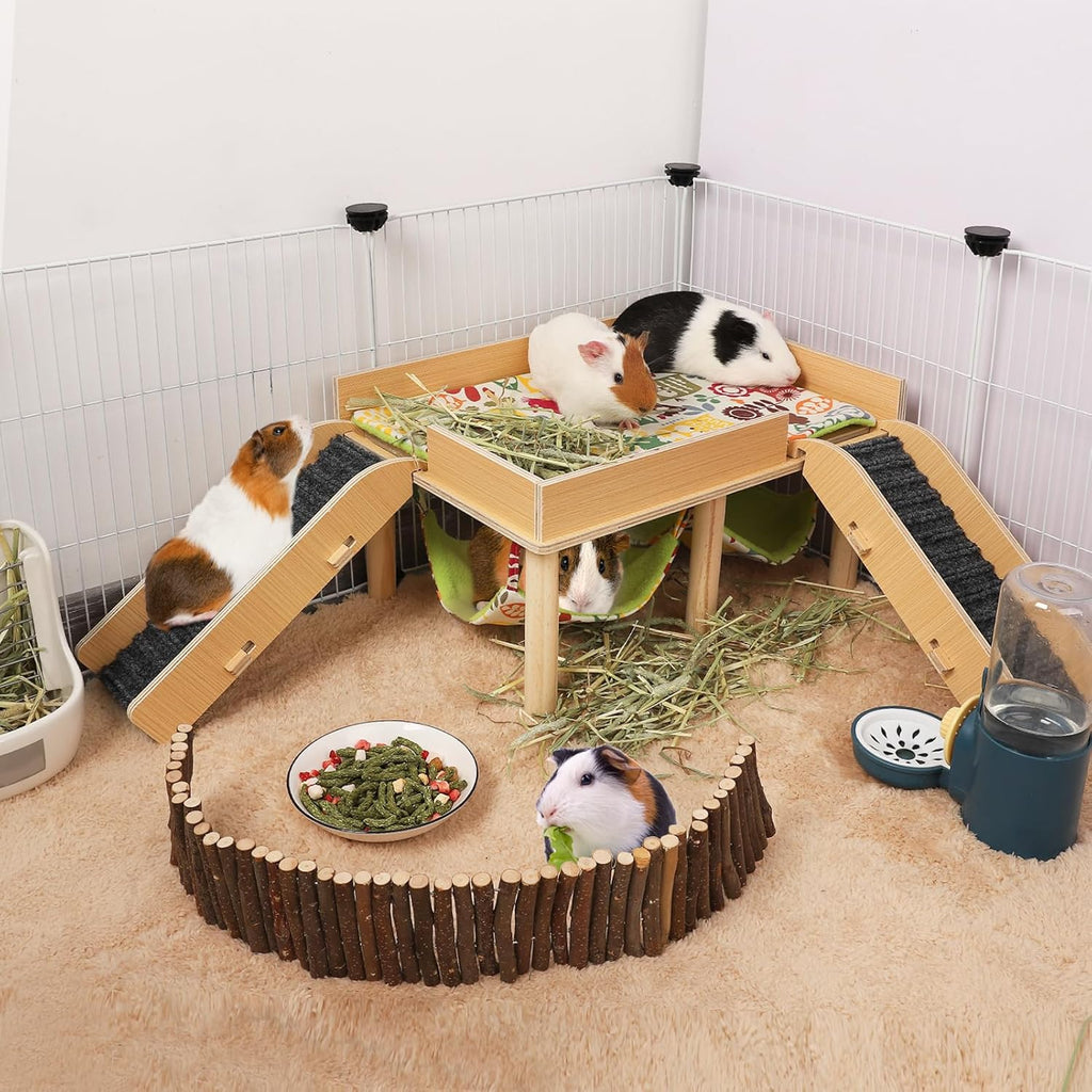 MEWTOGO Guinea Pigs Hammock with Platform, Wooden Guinea Pig Hideout with Stairs, Safe and Durable Small Pet Bed for Piggies Chinchilla Rat Hamster Bunny (Double Hammocks)
