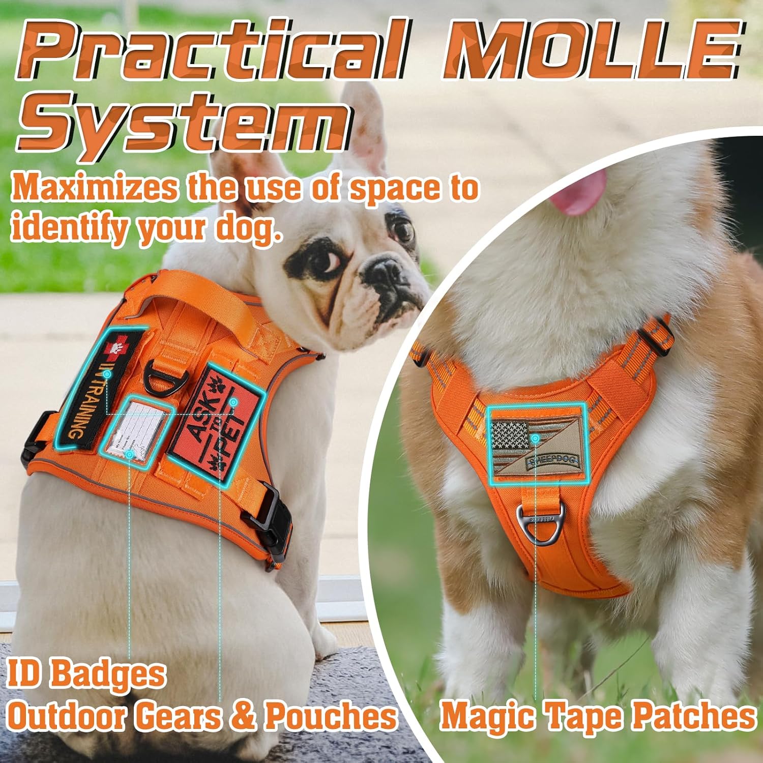 rabbitgoo Tactical Dog Harness for Large Dogs, No Pull Military Service Vest with Handle & Molle, Easy Control for Training Walking, Adjustable Reflective Straps, Orange, L