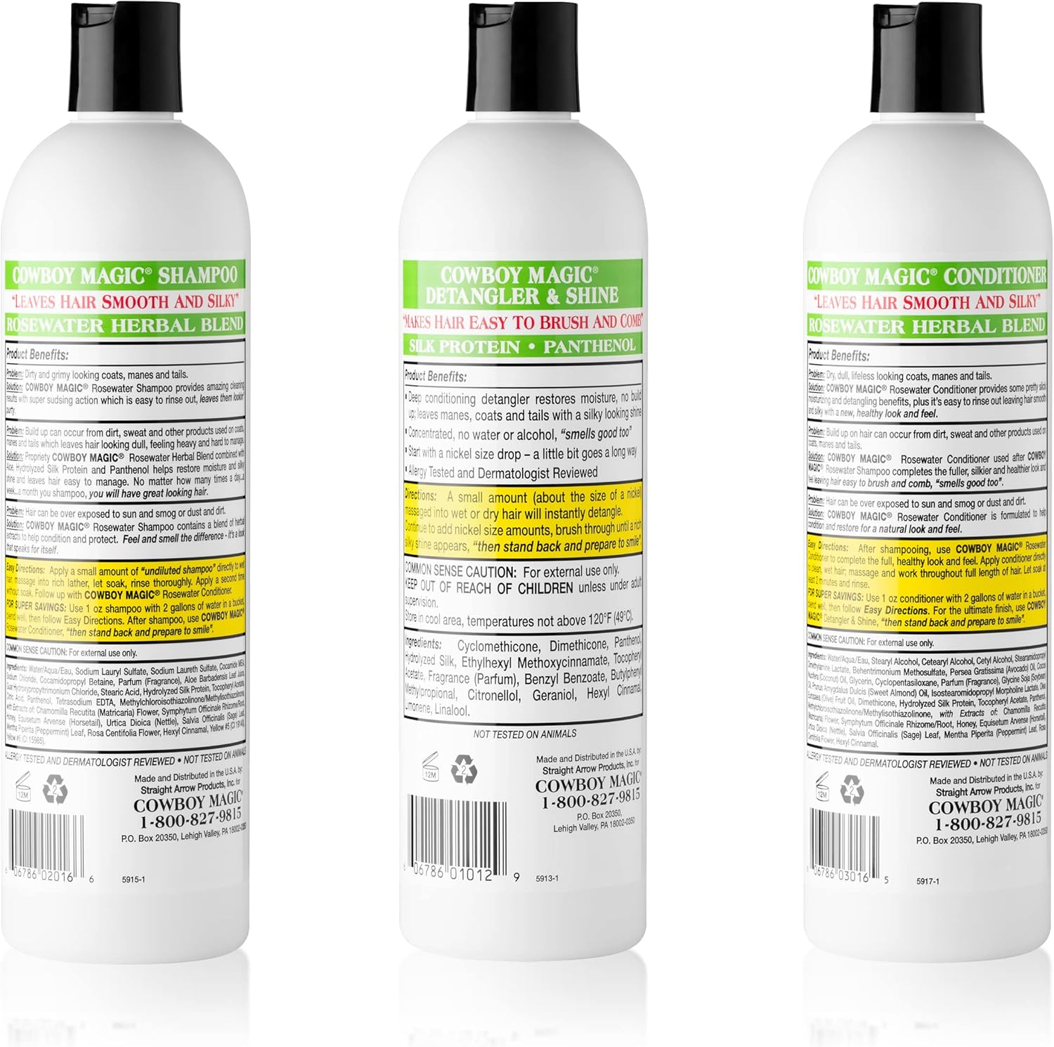Cowboy Magic Shampoo + Conditioner + Detangler & Shine 16 Ounce each With Silk Panthenol and Honey Great For Horse, Humans, And Dogs Too Silky Coats And Hair