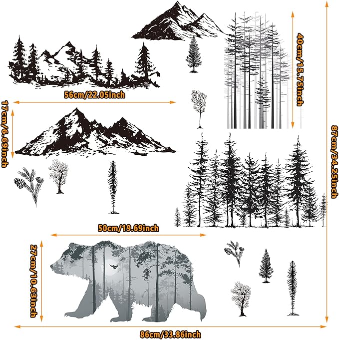 Outus 3 Sheets Mountain Forest Bear Wall Decals Stickers Pine Tree Wall Decals Woodland Trees Wall Stickers Forest Decals for Kids Nursery Bedroom Living Room Decor,11.8 x 35.4 Inches