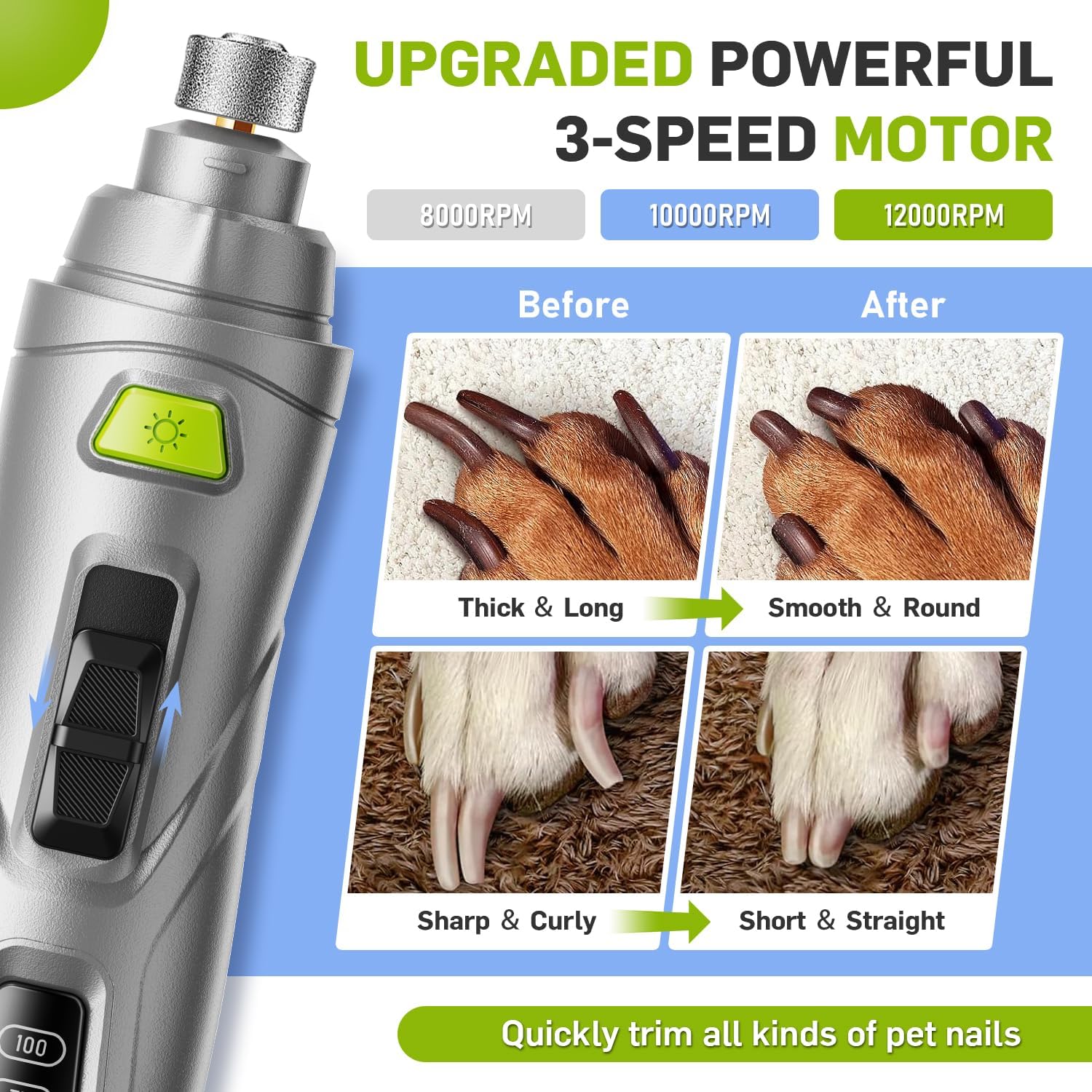 Dog Nail Grinder & Clipper 2-in-1 Set - 25dB Ultra Quiet with 3 Grinding Wheels & 2 LED Lights, Rechargeable for Large/Puppy Dogs & Cats, 3-Speed Adjustable for Anxious Pets
