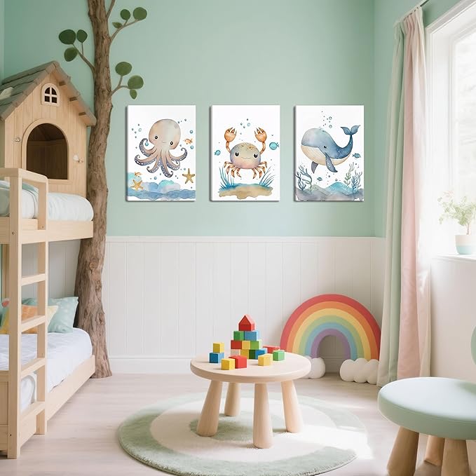 Ocean Nursery Wall Art Set of 3, Sea Animal Baby Boys Room Canvas Wall Decor Paintings, Watercolor Ocean Kids Nursery Posters Prints Pictures for Boys and Girls Room, Bedroom 16x24 Inch Framed