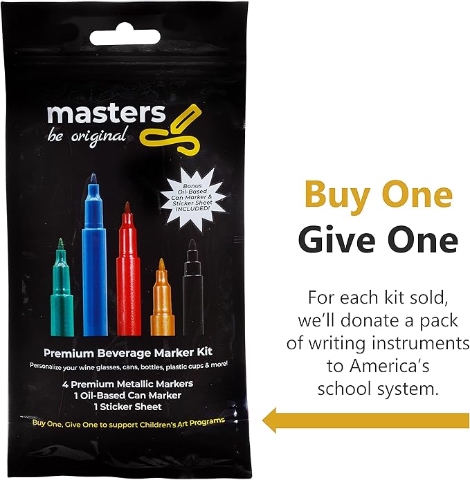 Washable Beverage Markers Set | Non-Toxic, Erasable Ink Writing on Cold Drinks, Bottles, Plastic Cups, Mirrors | 4 Assorted Metallics, 1 Black Oil-Based Pen, Sticker Labels, Metallic