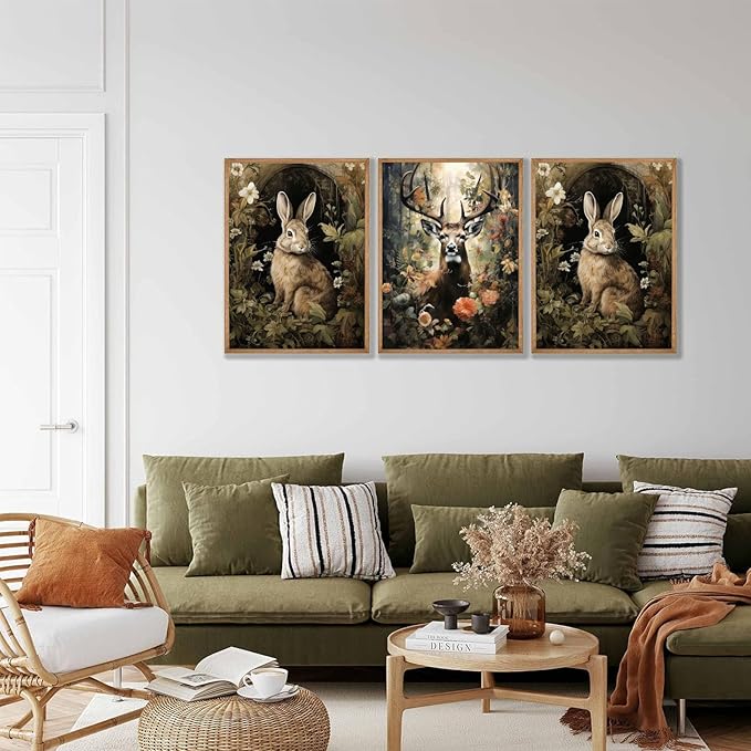 3pcs Vintage Forest Animal Canvas Wall Art Wild Animal Deer Rabbit Fox Paintings Pictures Dark Academia Wall Decor Gothic Botanical Posters Print Artwork for Living Room Office Decor 16x24in Unframed