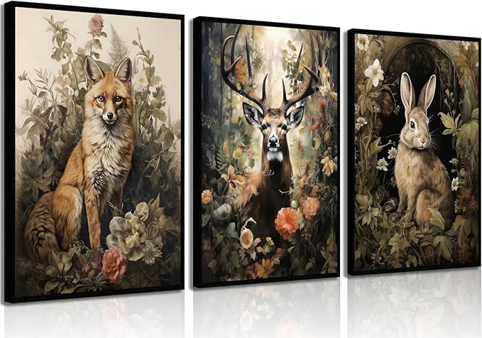 3pcs Vintage Forest Animal Canvas Wall Art Wild Animal Deer Rabbit Fox Paintings Pictures Dark Academia Wall Decor Gothic Botanical Posters Print Artwork for Living Room Office Decor 16x24in Unframed