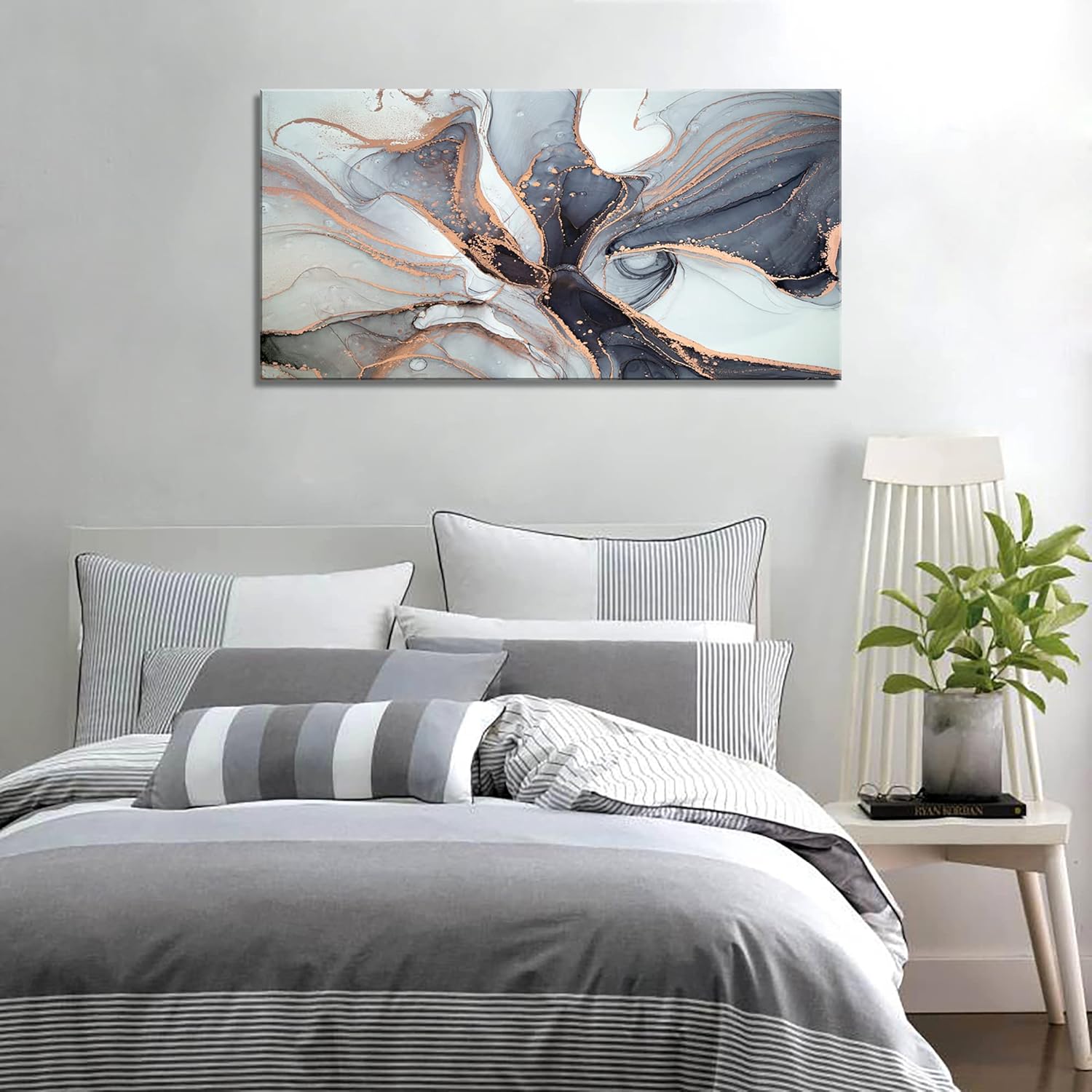 XXMWallArt FC3462 Framed Wall Art Gray and Gold Abstract Painting Background Abstract Canvas Wall Art Print Painting for Bedroom Living Room Office Wall Decor Home Decor