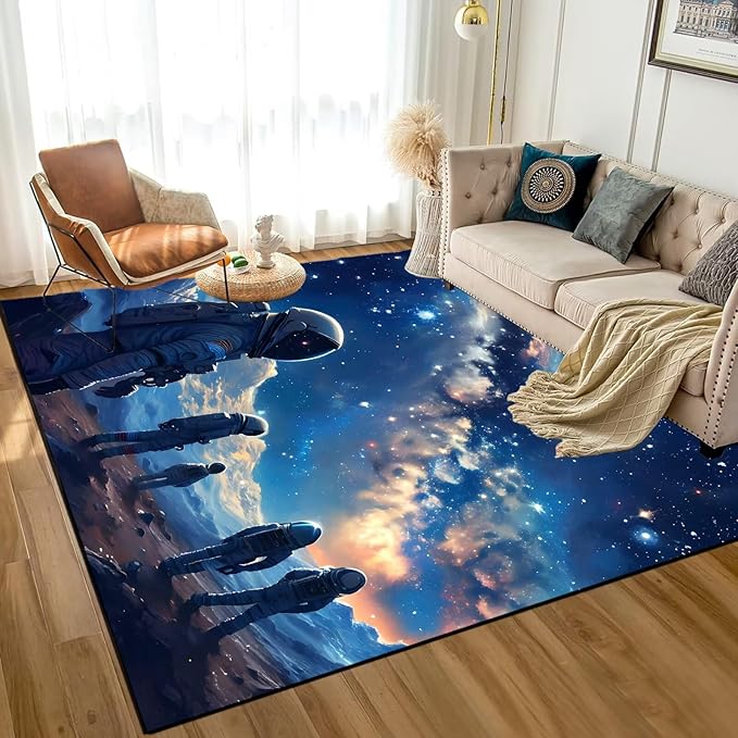 5' x 7' Galaxy Rug for Kids Bedroom Planet Alien Rugs Astronauts Space Carpet Printed Throw Rugs for Boys Children Living Room,150x210cm