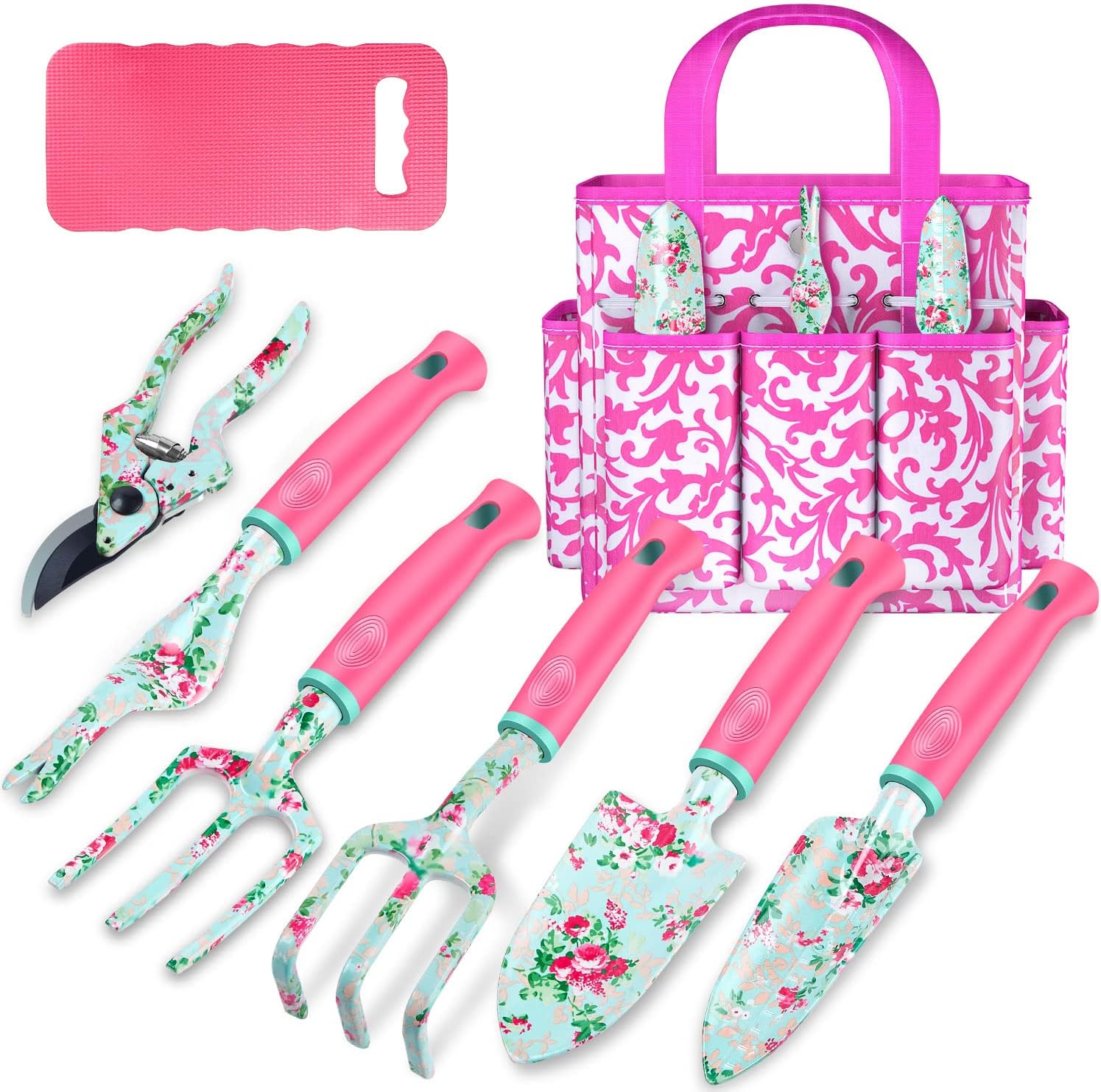 Gardening Tools, 8 Pcs Heavy Duty Floral Garden Tool Set Birthday Gifts for Women WANCHI Rose Red Gardening Kit (Garden Tool Bag Kneeling Pad Weeder Fork Hand Rake Pruning Shears Trowel Transplanter)