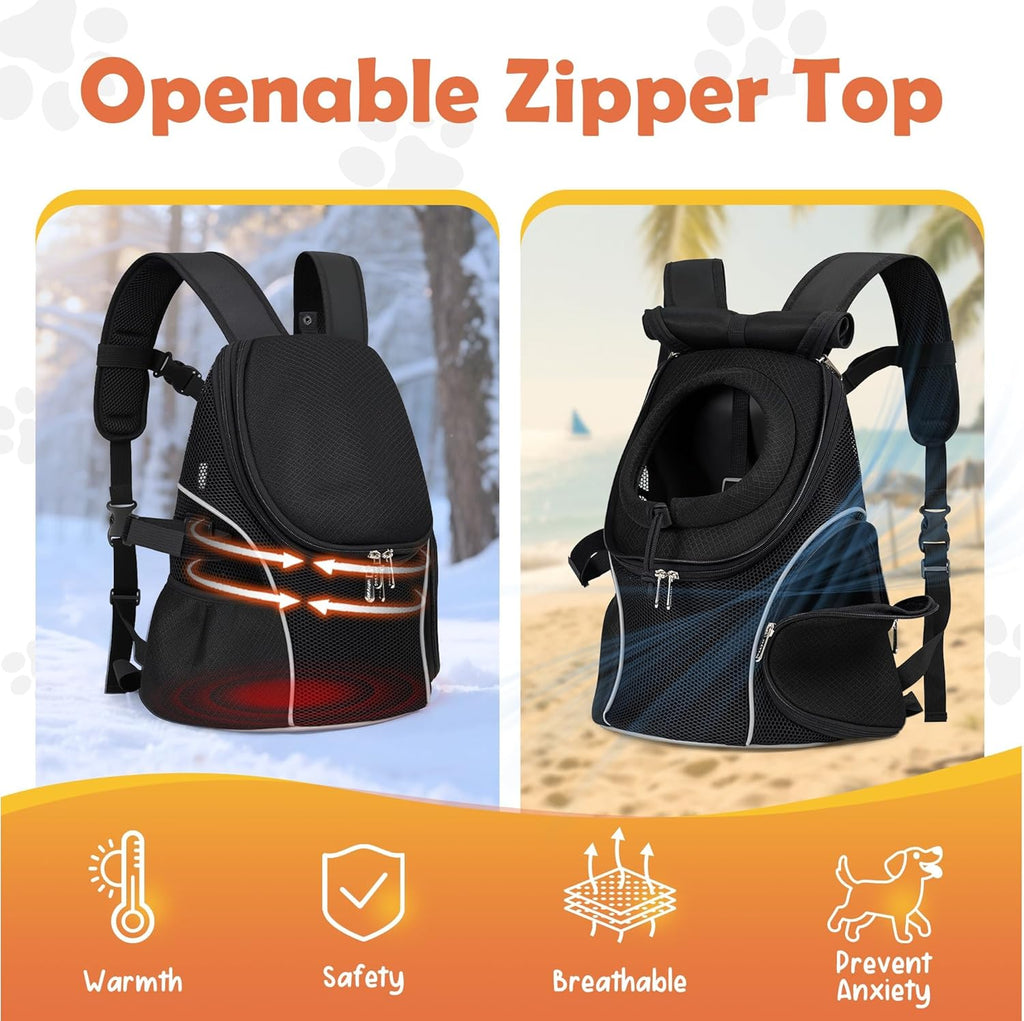 WOYYHO Pet Dog Carrier Backpack with Top and Side Windows, Small Dog Front Backpack Ventilated Mesh Dog Back Pack with Safety Belt for Travel Hiking Outdoor Adventures (Size M: 5-9 lbs, Black 2.0)