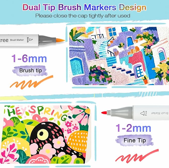 Taotree Alcohol Brush Markers Art Supplies, 61 Pastel Colors Dual Tip Art Coloring Markers Pens, Brush & Fine Tip Sketch, Drawing Supplies Gift for Artist Adult Coloring Book Painting, Sketching