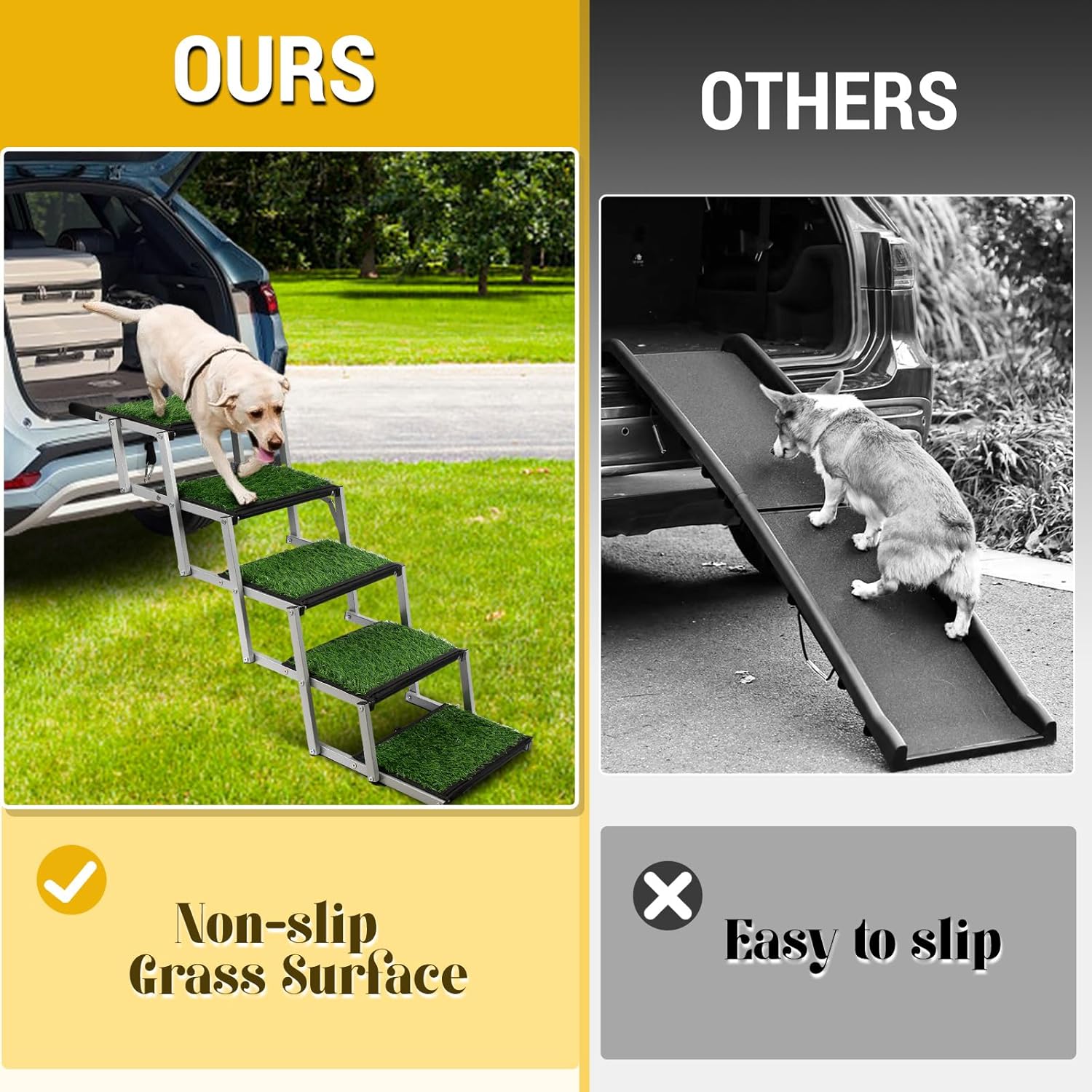Dog Stairs for Car, Portable Folding Dog Ramps,Dog Steps for Large Dogs with Non-Slip Grass Rug for Cars, SUV, Trucks, Lightweight Pet Ramp Supports Up to 200 lb, 6 Steps