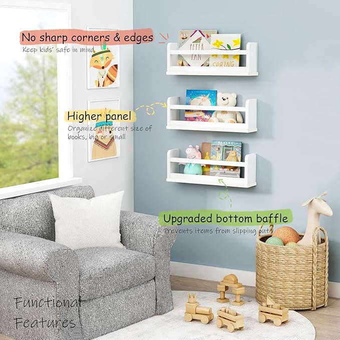 Upgraded White Nursery Book Shelves for Wall, Floating Kids Bookshelf Wall Mounted, Wood Baby Girls Boys Toddler Children Hanging Bookshelves for Kids Room Bedroom Playroom- Set of 3